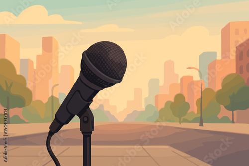 Microphone on Urban Sidewalk in Cityscape with Soft Pastel Colors, Blurred Skyscrapers, Public Expression, Street Performance Concept, Vector Cartoon Illustration, Outdoor Event Background