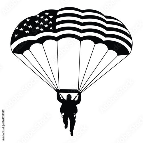 American flag parachute silhouette isolated on white background