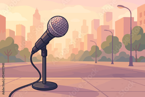 Microphone on Stand Urban Street Scene, Public Speaking Open Mic Event, Cityscape Background, Communication, Expression, Outdoor Performance, Pastel Cartoon Vector Illustration