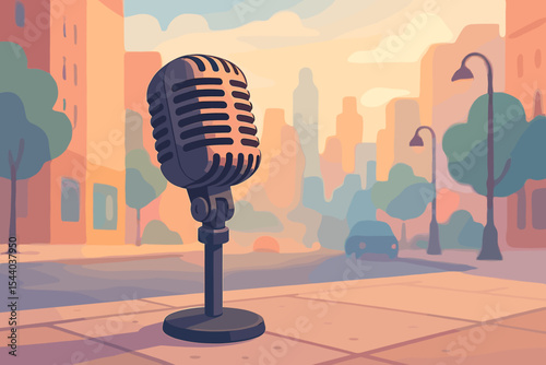 Retro Microphone on Urban Sidewalk, Cityscape Background, Public Speaking Concept, Pastel Colors, Street Performance, Broadcasting, Communication, Vector Illustration, No Text