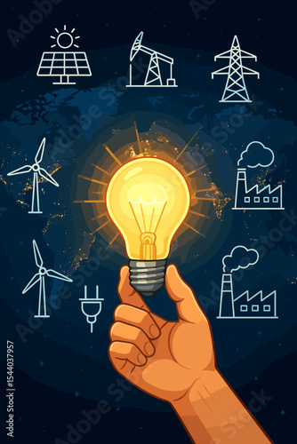 Global energy concept vector. Hand holding light bulb idea. World map background with power source icons. Renewable energy like solar and wind vs fossil fuels, oil, and factory.