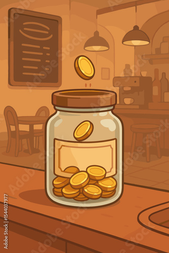 Gratuity tip jar with gold coins on a cafe counter. Concept of generosity, appreciation, support for service industry. Financial savings, donation, payment metaphor. Vector cartoon illustration.