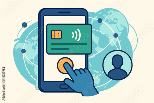 Global mobile payment technology concept with smartphone, contactless credit card, digital transaction, customer profile icon, worldwide network, secure online banking, vector illustration
