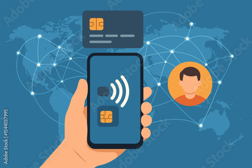 Contactless Mobile Payment Technology, Global Digital Banking Network, Online Financial Transaction, Smartphone Bank Transfer, Credit Card, Customer Profile, Secure Money Exchange, Worldwide Finance