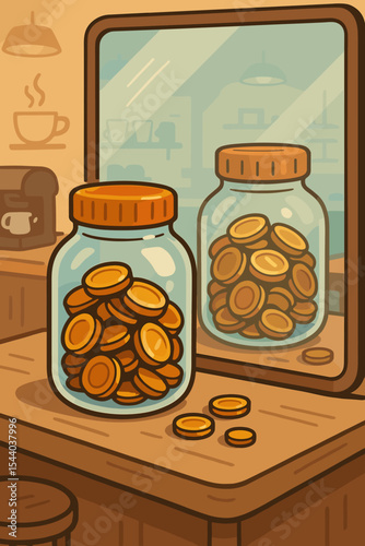 Gratuity jar with gold coins in a coffee shop, reflection in mirror. Concept for tips, appreciation, generosity, savings, donation, and supporting the small business service industry.
