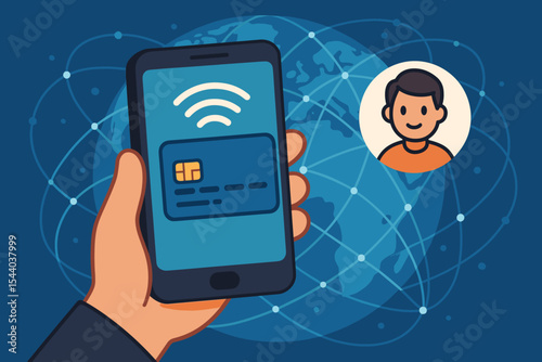 Mobile payment technology concept illustration. Smartphone contactless transaction, bank card, global network connection, digital finance, customer identity, fintech innovation, secure online payment
