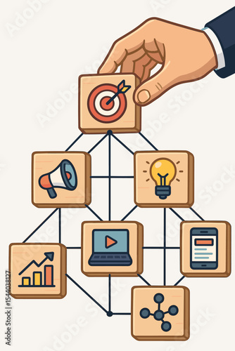 Hand building digital marketing strategy with wooden blocks. Business success concept with icons for target, advertising, idea, growth, content, and network connection. Cartoon vector.