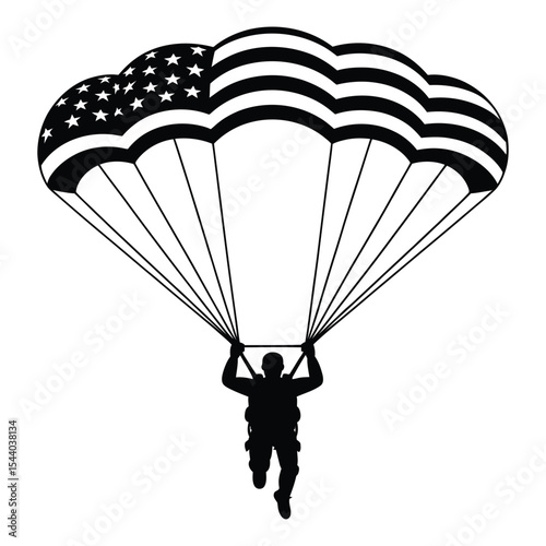 American flag parachute silhouette isolated on white background
