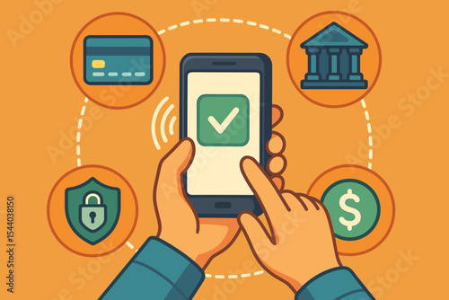 Digital Mobile Payment and Online Banking Concept. Vector Hands Using Smartphone for Secure Transactions, Contactless Payment, Security, Bank, Credit Card, and Money Management Network Illustration