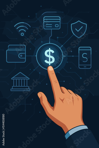 Digital finance technology concept. Businessman hand touching dollar symbol on a futuristic interface with payment icons like credit card, bank, wallet, and secure transaction.