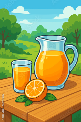 Fresh orange juice in a glass pitcher and glass on a wooden table outdoors. Summer picnic in a park with fresh fruit. Healthy lifestyle and natural vitamin drink concept. Vector cartoon.
