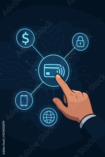 Fintech concept with hand touching contactless credit card icon. Digital payment network, online banking, secure transaction, and mobile payment on a futuristic interface. Vector.