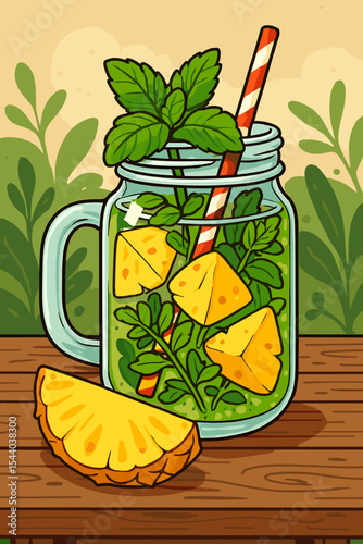 Healthy pineapple mint detox water in a mason jar. Refreshing summer infused drink with fresh herbs on a rustic wooden table. Vector cartoon illustration for wellness concept.