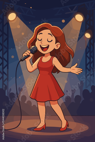 Cartoon woman singer performing on stage. Girl in red dress with microphone under spotlights at a music concert. Solo artist live performance, talent show, vocal concept vector illustration.