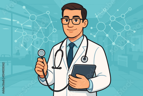 Healthcare professional doctor holding stethoscope and digital tablet in hospital. Modern medicine technology, medical network background, digital health, innovation, cartoon vector illustration