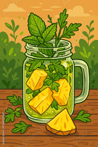 Healthy pineapple detox water with mint and fresh herbs in a mason jar. Refreshing summer smoothie for a healthy lifestyle, wellness, and diet. Cartoon vector illustration.