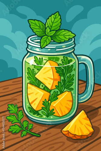 Healthy pineapple detox water with mint and fresh herbs in a mason jar. Refreshing summer fruit infused drink. Vector cartoon illustration for healthy lifestyle and diet concept.