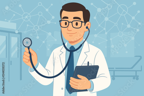 Modern Medical Doctor with Stethoscope and Digital Tablet in Hospital Setting, Healthcare Technology Network Background, Vector Cartoon Illustration of Medical Professional