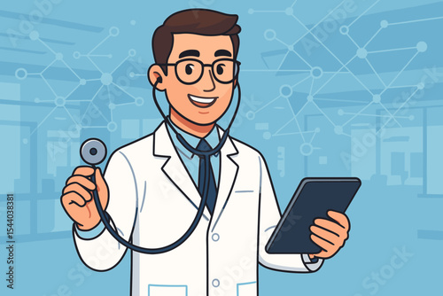 Modern cartoon doctor in white coat holding stethoscope and digital tablet, hospital interior background with futuristic technology network, healthcare innovation concept vector illustration