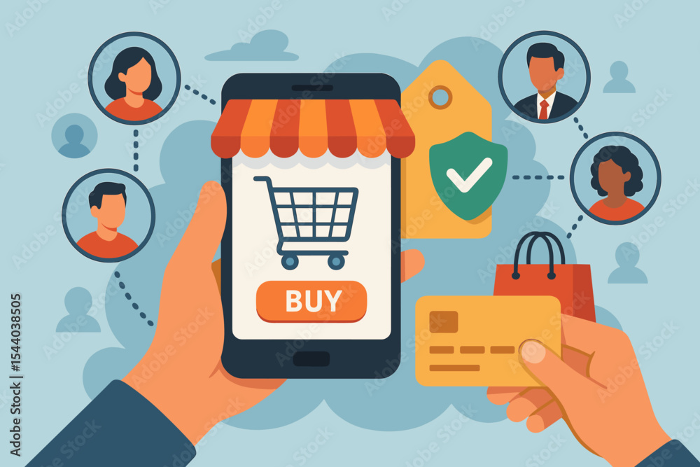 Mobile online shopping and secure payment illustration. Smartphone ecommerce, digital transactions, customer network, credit card checkout, internet retail, buyers, social commerce