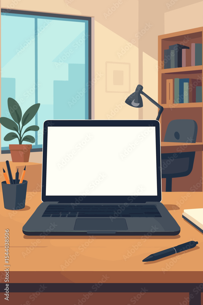 Fototapeta premium Laptop computer with blank white screen for mockup on a wooden desk. Modern office or home office workspace interior concept. Workplace scene with furniture and window. Vector cartoon.