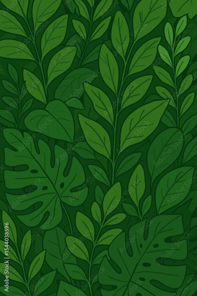Lush green tropical jungle leaves background. Exotic foliage pattern with monstera plant. Vector cartoon illustration for wallpaper, summer design, eco concept. Natural floral texture.