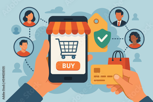 Mobile online shopping and secure payment illustration. Smartphone ecommerce, digital transactions, customer network, credit card checkout, internet retail, buyers, social commerce