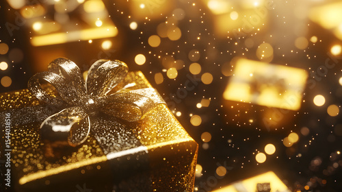 Sparkling gold gifts with bokeh lights. Luxurious presents close up.