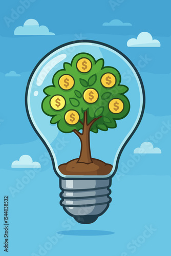 Light bulb with money tree and dollar coins growing inside. Metaphor for business idea, financial growth, investment, and innovation. Concept for wealth, profit, and startup success.