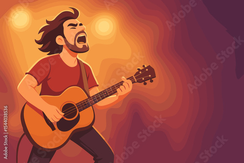 Energetic guitarist playing acoustic guitar on stage, cartoon vector illustration. Live music performance, concert, spotlight, copy space, dynamic musician, vibrant atmosphere, entertainment event