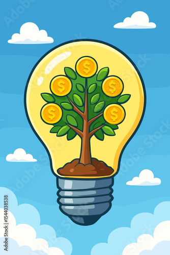 Profitable business idea concept. Money tree with dollar coins inside a light bulb. Financial growth, investment strategy, and startup innovation. Cartoon vector illustration.