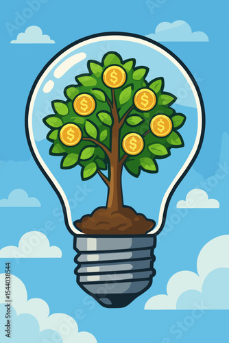 Light bulb with a money tree growing inside. Metaphor for a brilliant business idea, financial growth, investment success, innovation, wealth, and passive income. Vector cartoon.