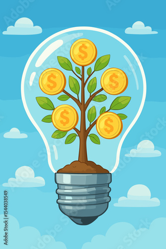Light bulb with a money tree growing inside. Metaphor for a profitable idea, investment, and financial growth. Business innovation concept for success and wealth. Vector cartoon.