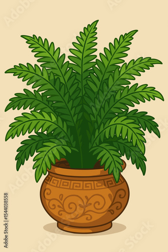 Lush green fern houseplant in a decorative terracotta pot with a Greek meander ornament. Potted plant with fresh foliage for interior design. Botanical vector cartoon illustration.