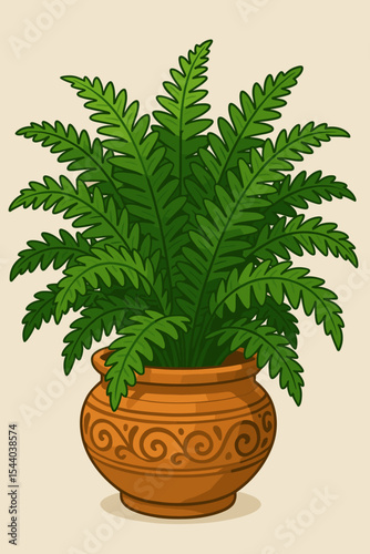 Lush green fern plant thriving in a decorative ornamental terracotta pot. Vector cartoon illustration. Potted houseplant with foliage leaves for home decor and design. Isolated botany concept.