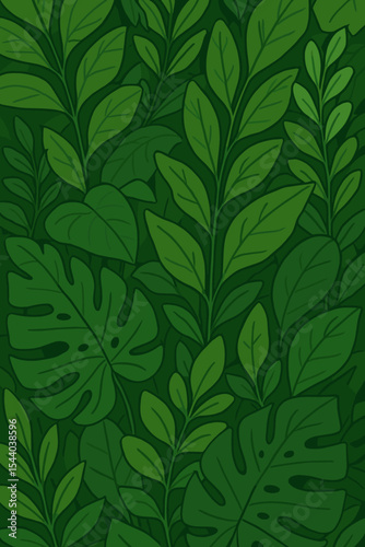 Lush green tropical jungle leaves background. Exotic foliage pattern with monstera plant. Vector cartoon illustration for wallpaper, summer design, eco concept. Natural floral texture.