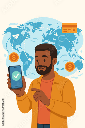 Man using smartphone for online payment. Global transaction and mobile banking concept. Fintech and international money transfer illustration with world map and credit card. Digital wallet.