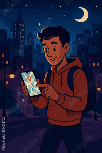 Man using smartphone GPS navigation app while walking in the city at night. Young tourist with backpack exploring an urban area, following a route to find a location or destination.