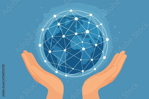 Global Network Connection Technology. Hands Holding Planet Earth Sphere. Digital Communication, Internet Concept. Worldwide Connectivity. Network Nodes. World Map. Save the Planet Illustration