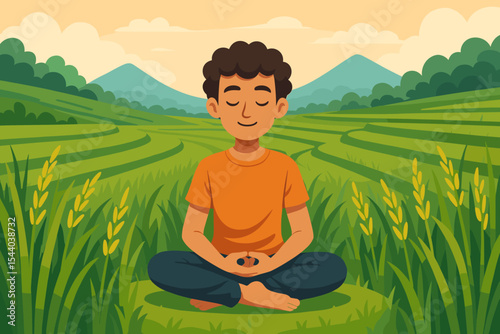 Child Meditating in Lotus Position on Green Rice Field, Tranquil Nature Landscape, Serene Cartoon Vector, Mindfulness, Zen, Calm Outdoors, Peaceful Mountain Countryside, Wellness Illustration