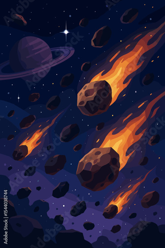 Meteor shower and asteroid field concept. Meteors, asteroids, and comets hurtling through deep space with a ringed planet. Science fiction cosmic background. Vector cartoon illustration.