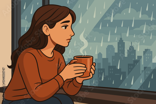 Serene woman relaxing with hot coffee cup by rainy window, cozy indoor scene overlooking modern cityscape, peaceful contemplative mood, autumn weather, vector cartoon illustration, self care concept