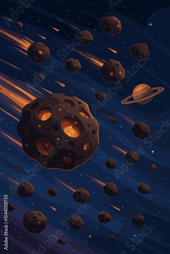 Meteor shower with asteroids and meteorites flying through deep space. Vector cartoon illustration of a fiery asteroid field in the cosmos. Science fiction concept, astronomy background.