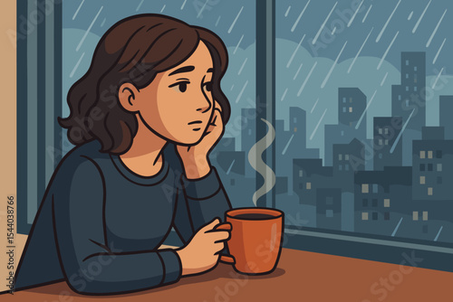 Thoughtful woman relaxing with hot coffee by large window, rainy cityscape outside, cozy home atmosphere, introspective mood, solitude, urban apartment, vector cartoon illustration