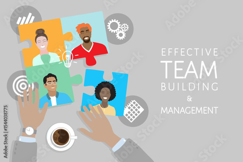 Business HR manager building successful effective team, hands solve jigsaw puzzle with employees, personnel productivity skills icons, top view table. Leadership, corporate teamwork Flat vector banner