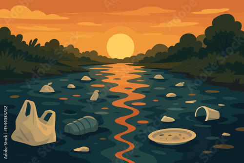 Pollution in river at sunset. Plastic waste, garbage, trash in water. Environmental crisis, nature contamination, water pollution, ecological disaster. Vector landscape illustration, no people