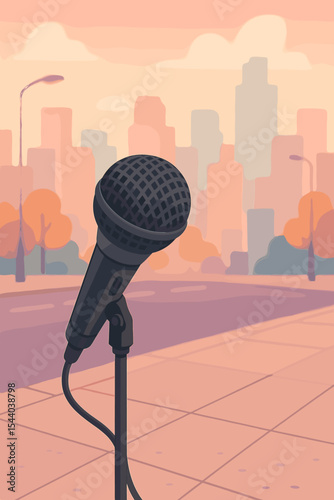 Microphone on a city street, symbol of public expression and freedom of speech. Vector concept for interview, protest, broadcast, podcast, or stand-up comedy show.