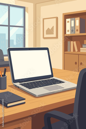 Modern office workspace with blank screen laptop on wooden desk, professional business environment, bookshelf, window, supplies, workplace organization, vector cartoon illustration