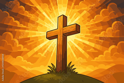 Glowing Wooden Cross on Hill with Radiant Sunbeams, Sunset Sky, Clouds, Faith Hope Concept, Christian Symbol, Spiritual Resurrection, Inspirational Religious Vector Cartoon Illustration