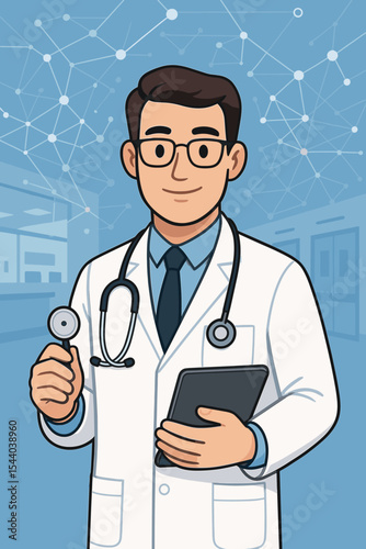 Professional doctor cartoon illustration holding stethoscope and tablet, modern hospital background, medical practitioner, healthcare professional concept, vector healthcare worker design